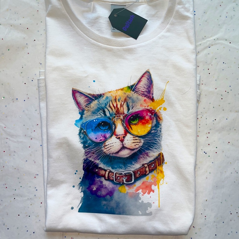 NWT KITTY SPLATTER COLORFUL CAT KITTEN MEOW TSHIRT
